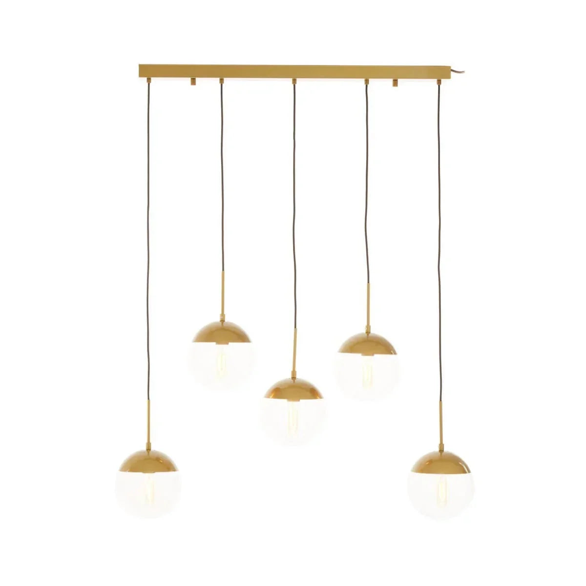 Modern gold five light pendant chandelier with clear globe glass shades