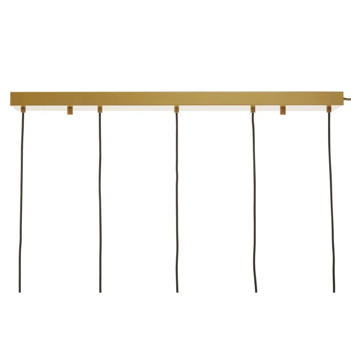 Brushed gold ceiling light fixture with five black pendant cords hanging vertically