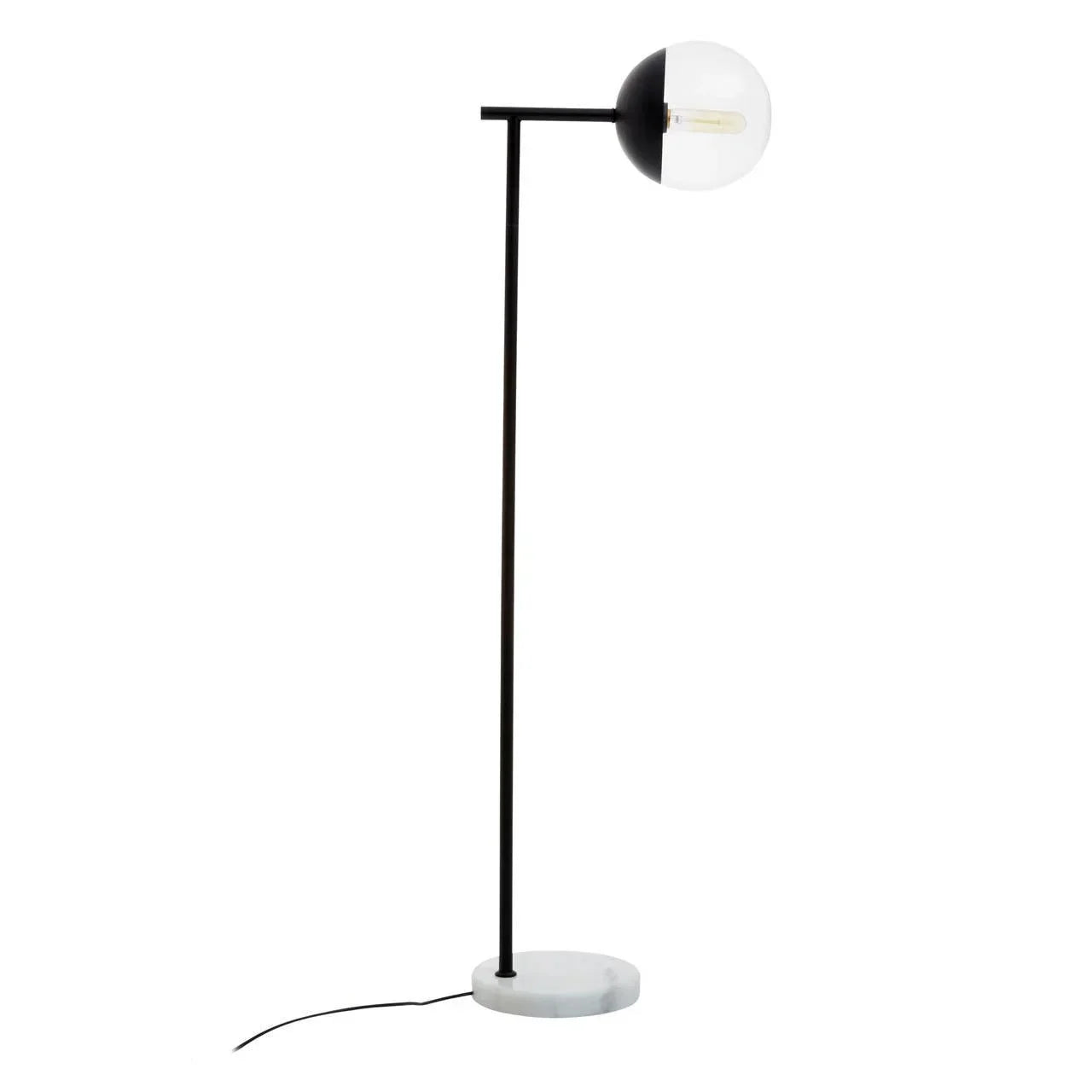 Modern floor lamp with black stand, marble base, and half black glass globe shade