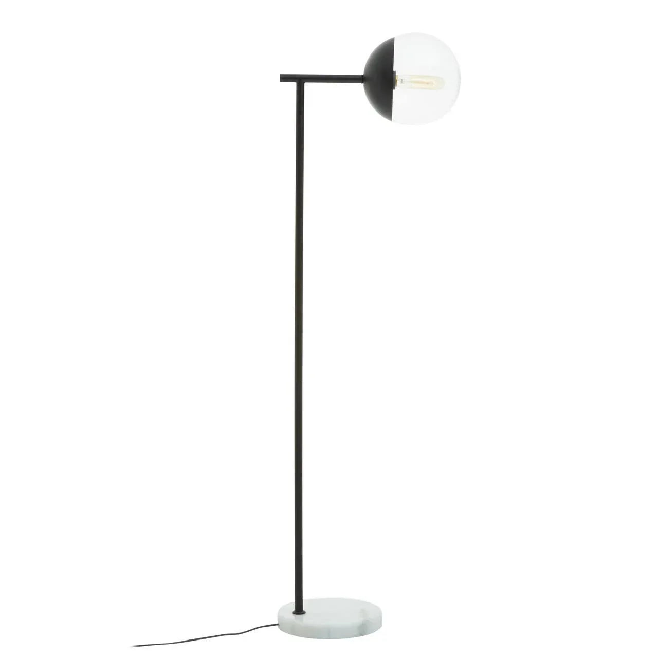 Modern floor lamp with black metal stand, round marble base, and globe shade