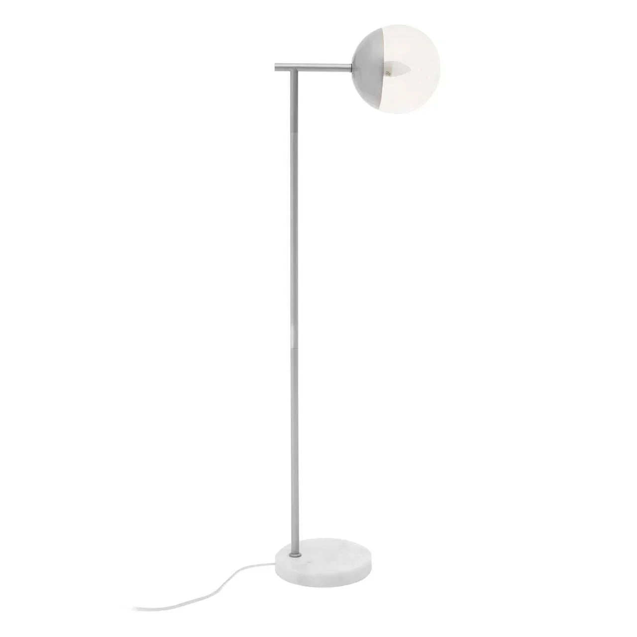 Modern floor lamp with round white globe shade and slim metal stand on marble base