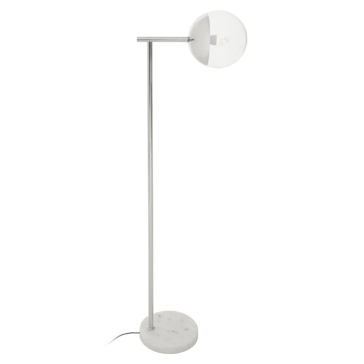 modern floor lamp with chrome stand, white round marble base, and glass globe shade