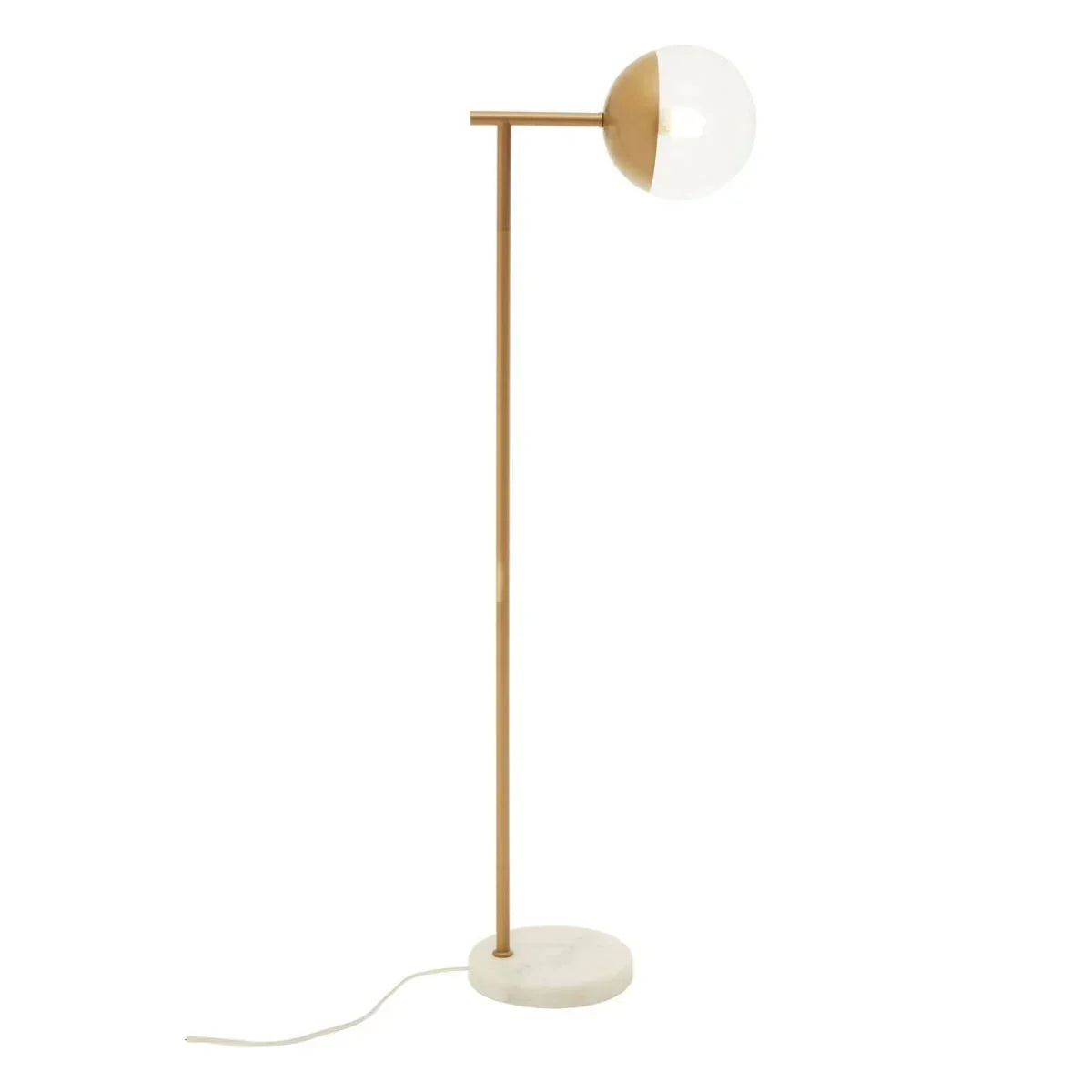 Gold floor lamp with white globe shade and round marble base