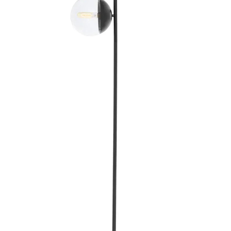 Black and glass floor lamp with double globe lights and marble base on white background