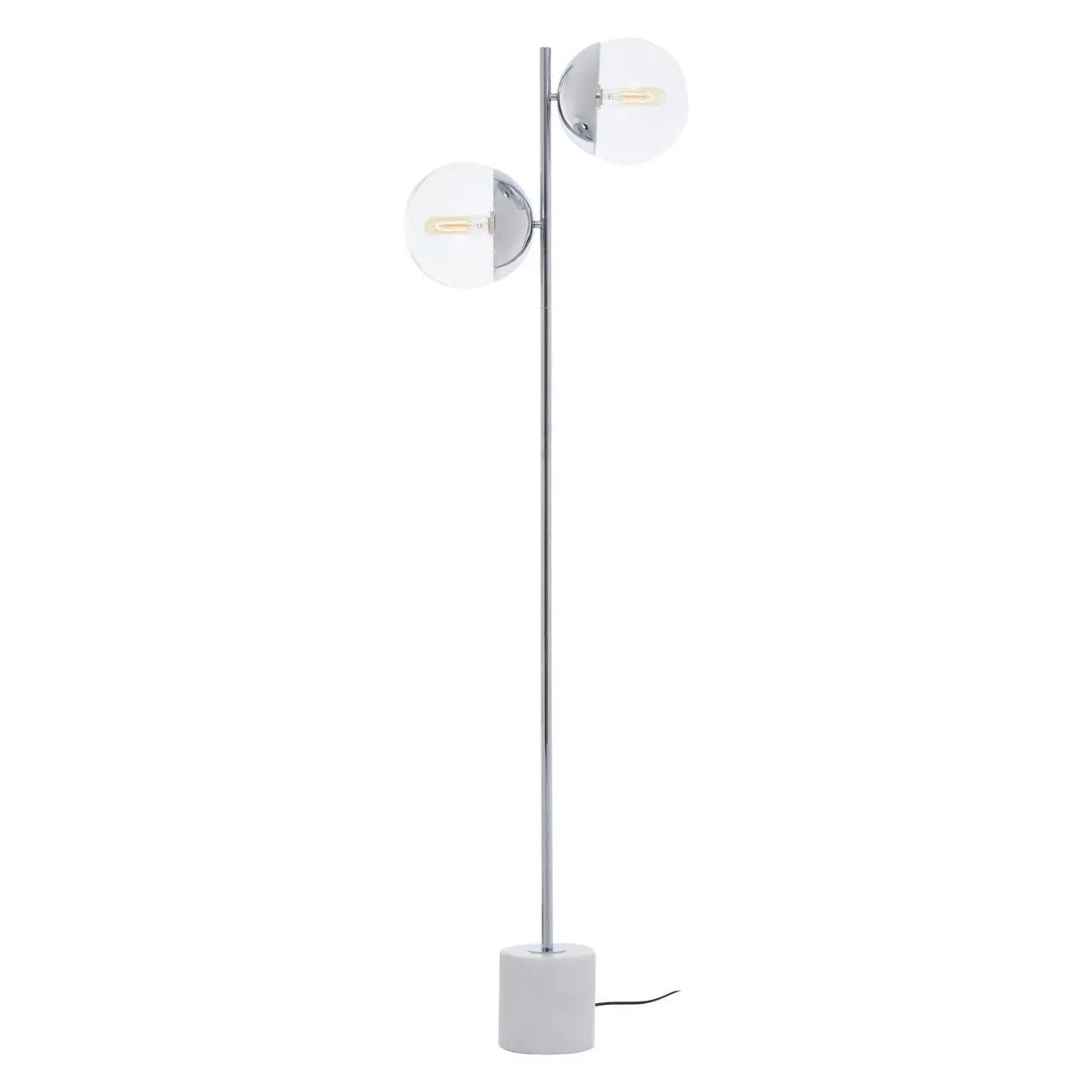 Modern chrome floor lamp with two clear glass globe shades and white cylindrical base