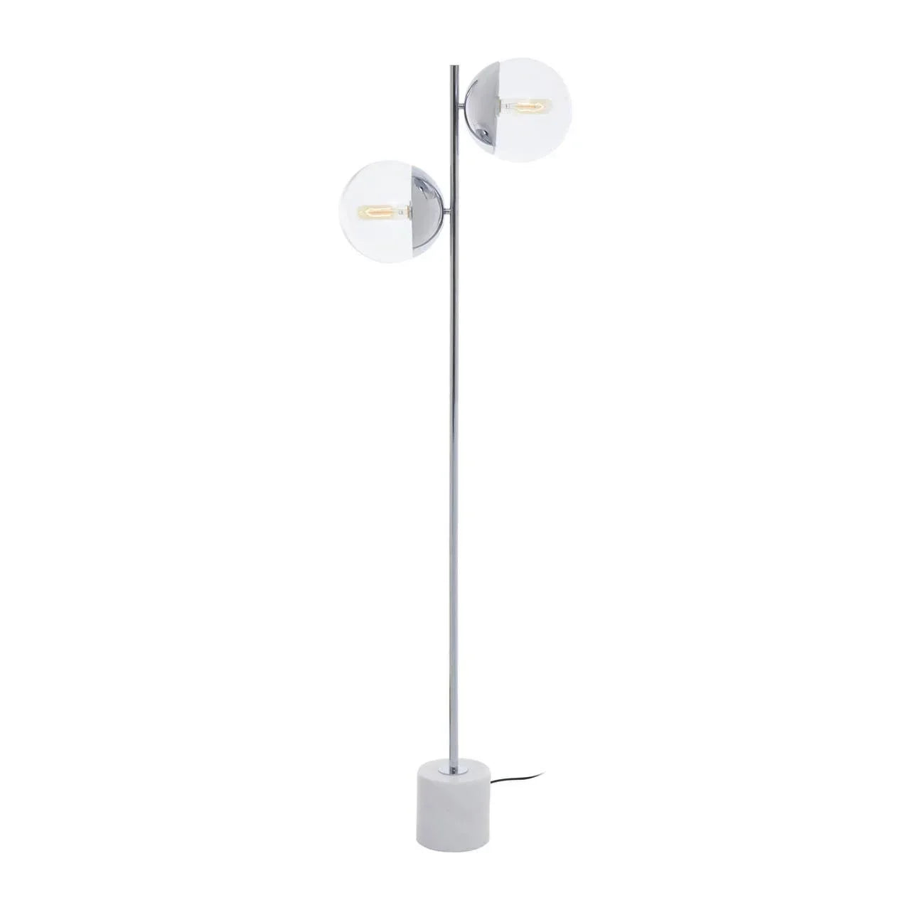 Modern floor lamp with chrome stand, two glass globe shades, and marble base