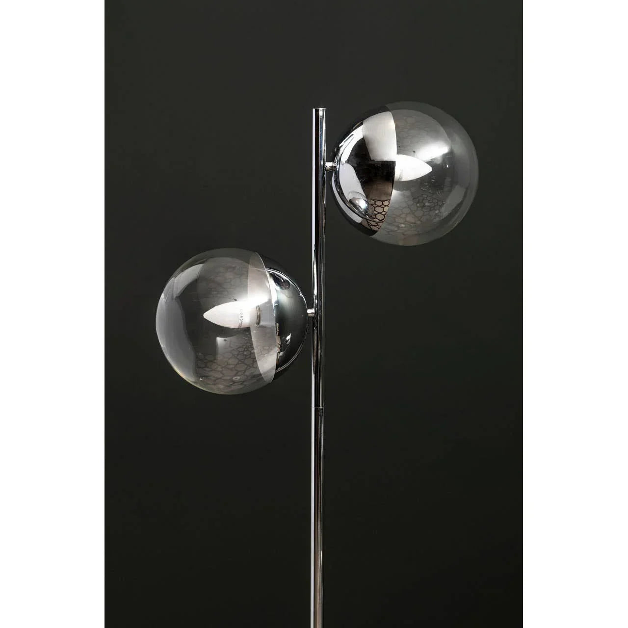 Modern floor lamp with two chrome glass globe shades on sleek upright stand