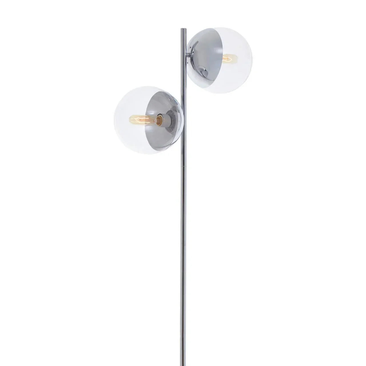 Modern floor lamp with two glass globe shades and chrome metal stand