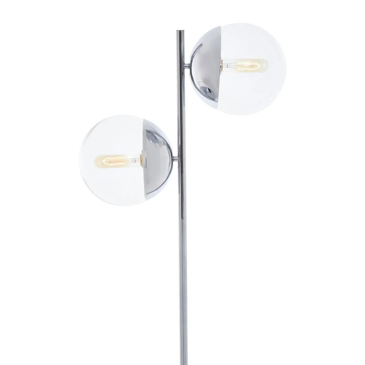 Modern floor lamp with two spherical glass shades and chrome metal stand