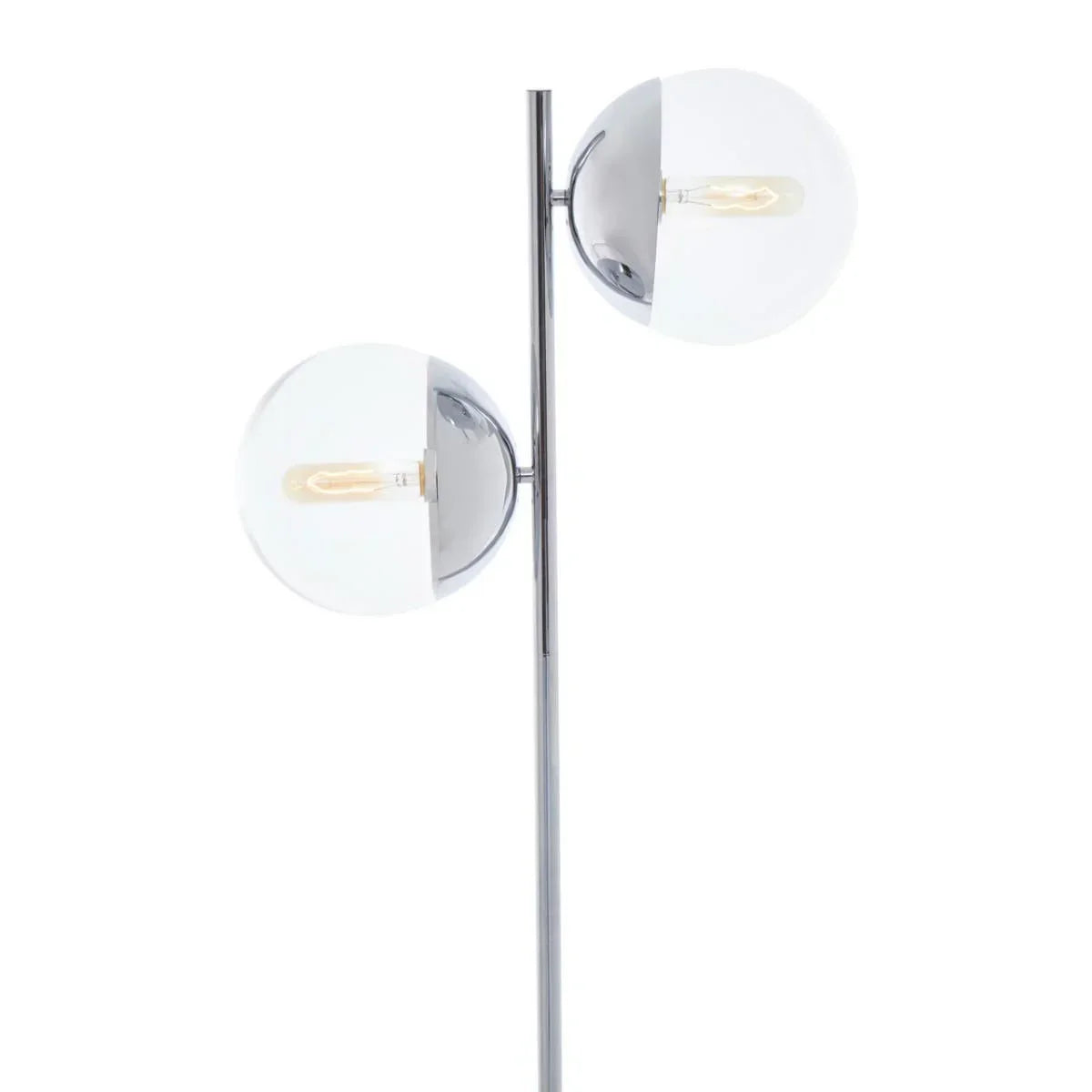 Modern floor lamp with two chrome and glass globe shades on a vertical metal stand