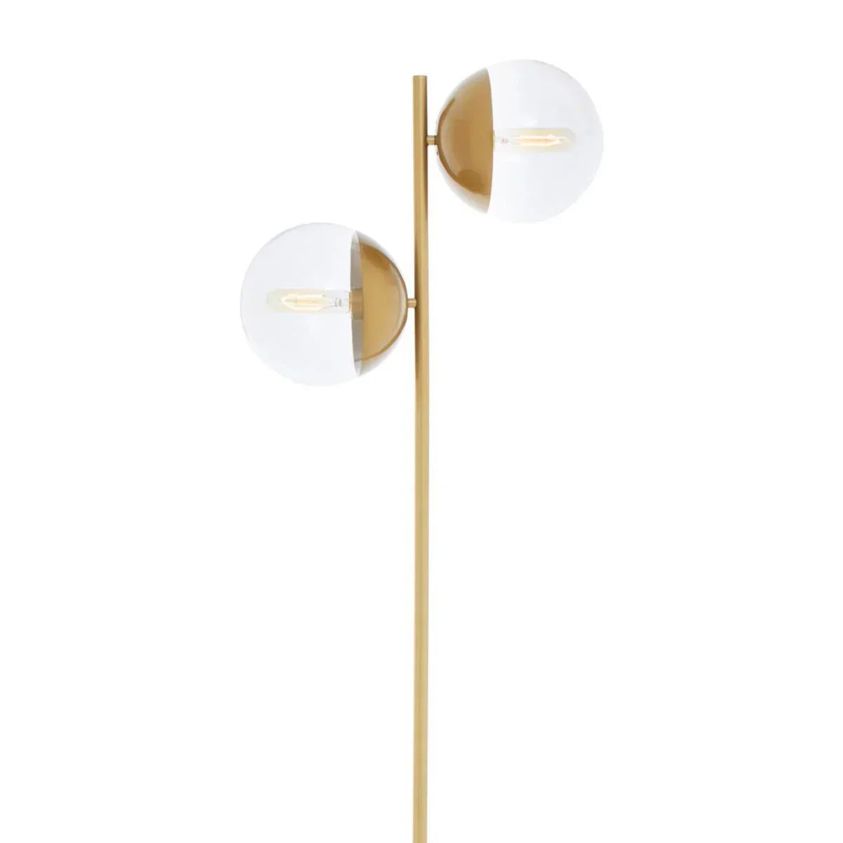 Modern floor lamp with gold stand and two glass globe light fixtures