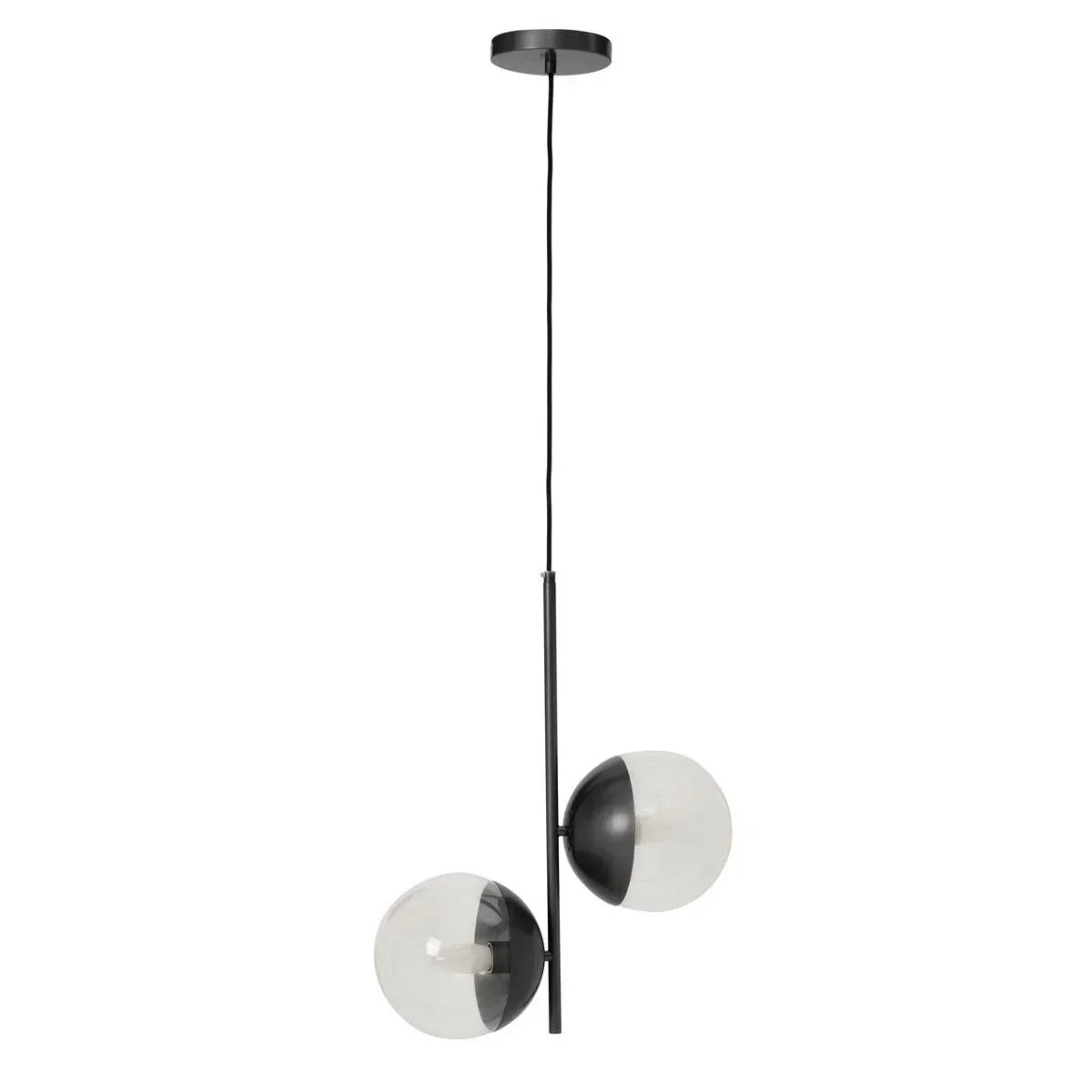 Modern pendant light with two glass globe shades and black metal fixture, ceiling mount