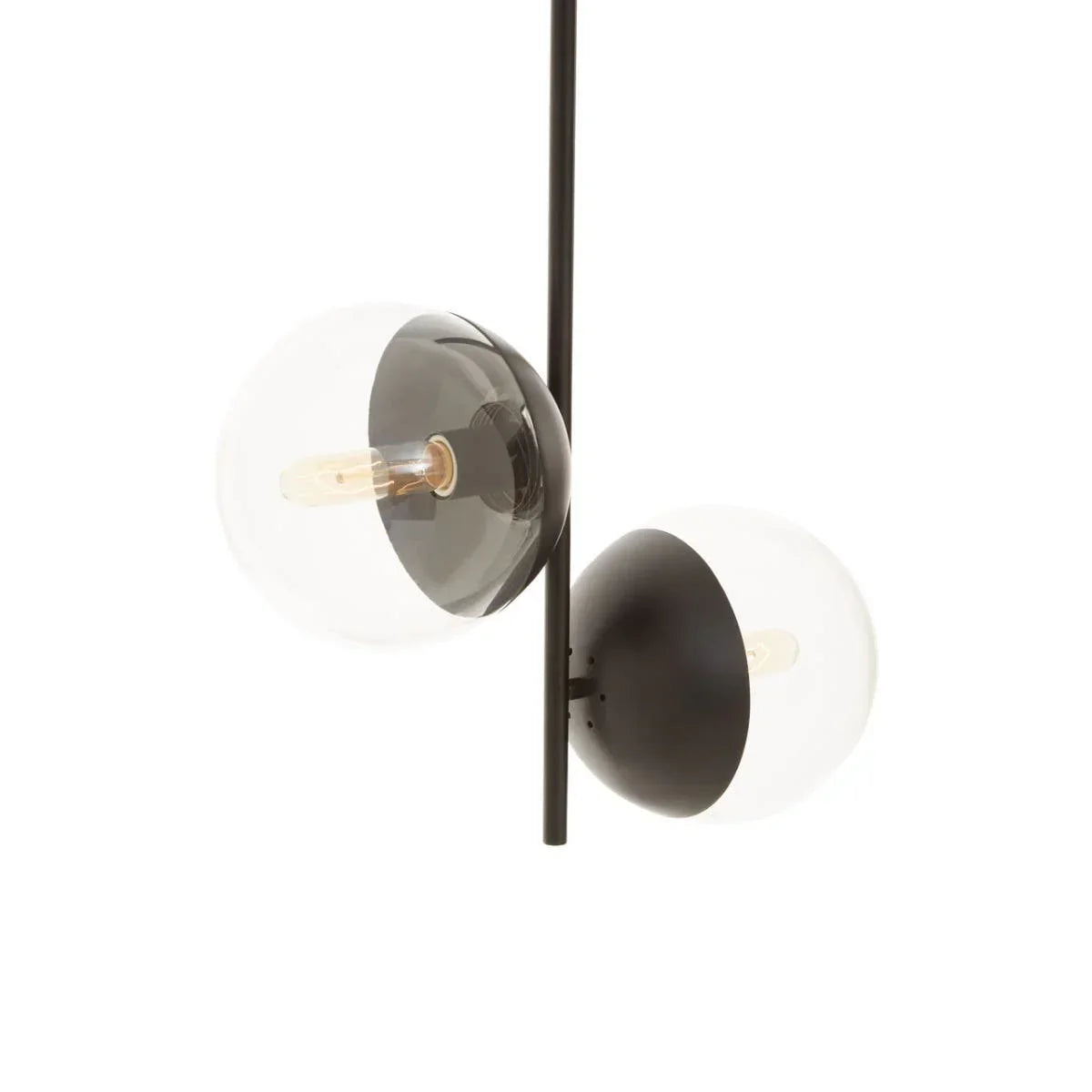 Modern pendant light with two glass globe shades and black metal frame