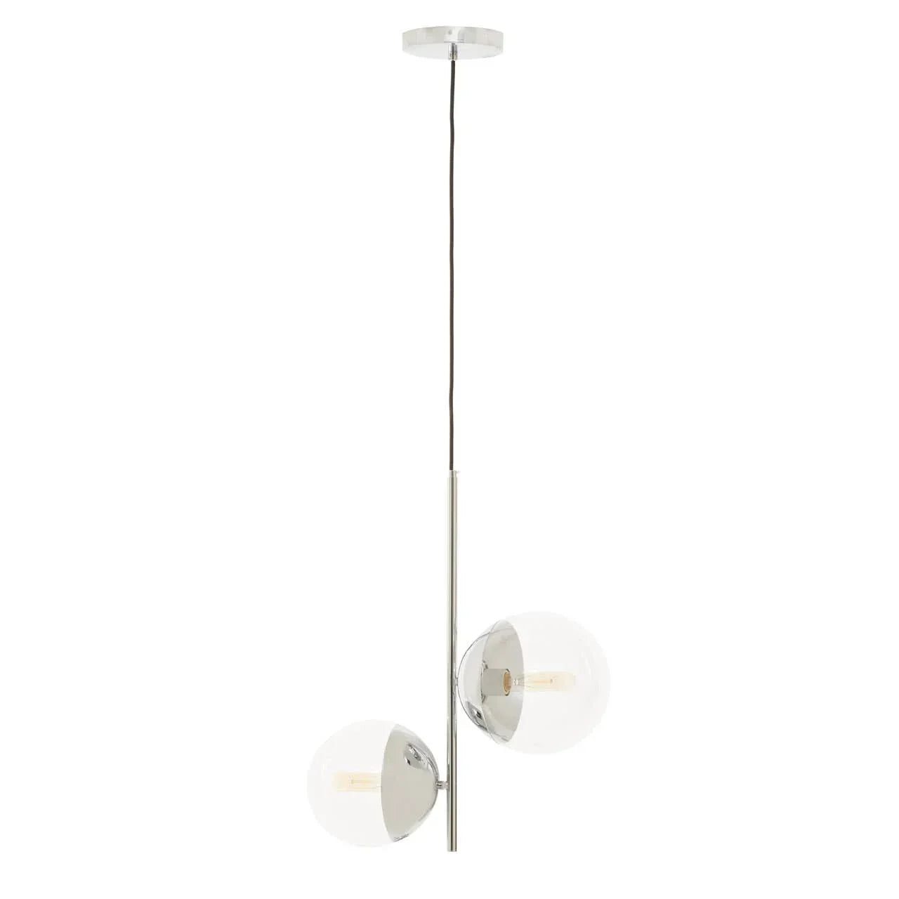 Modern ceiling pendant light with chrome rod and two clear glass globe shades