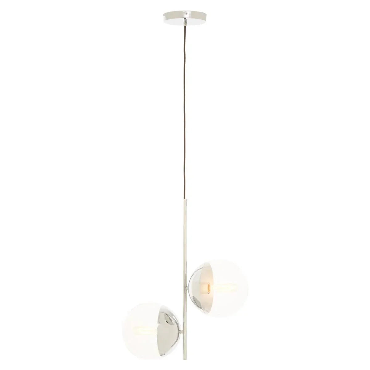 Modern pendant light with two clear glass globe shades and chrome finish
