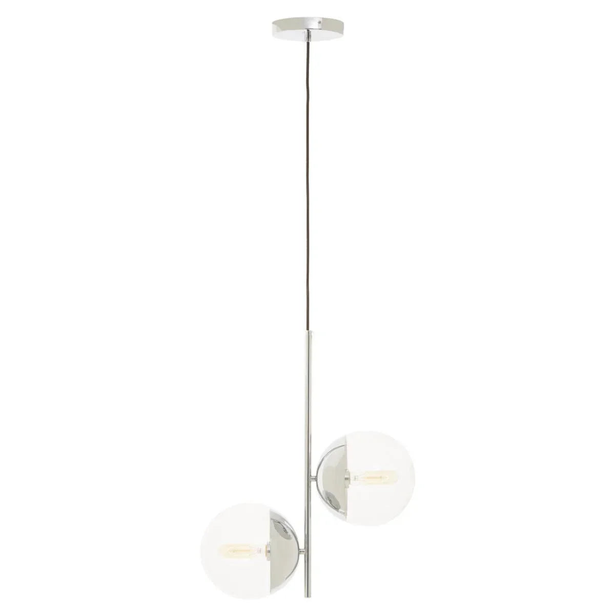 Modern chrome pendant light with two spherical glass shades and vertical metal rod
