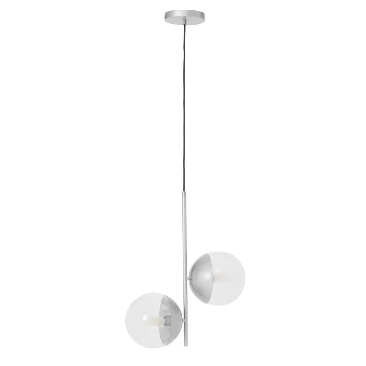 Modern pendant ceiling light with two glass globe shades and chrome fixture