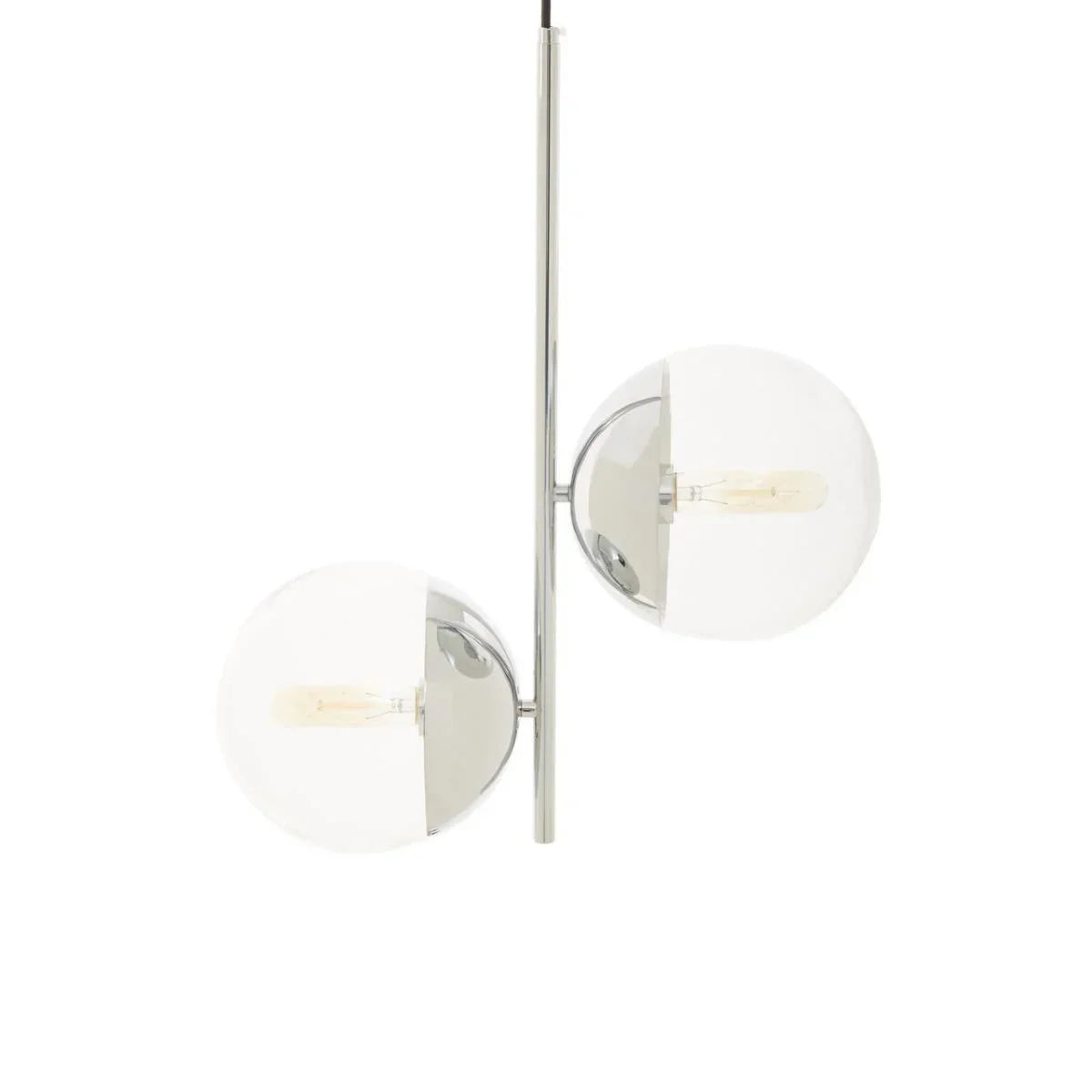 Modern chrome pendant light with two glass globe shades and exposed bulbs
