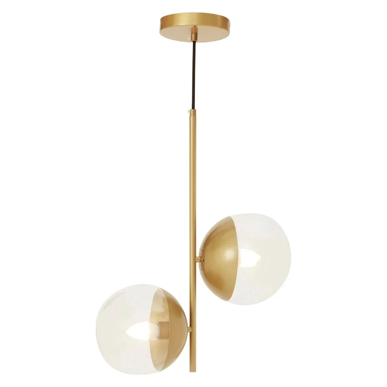 Gold metal pendant light with two glass globe shades hanging vertically