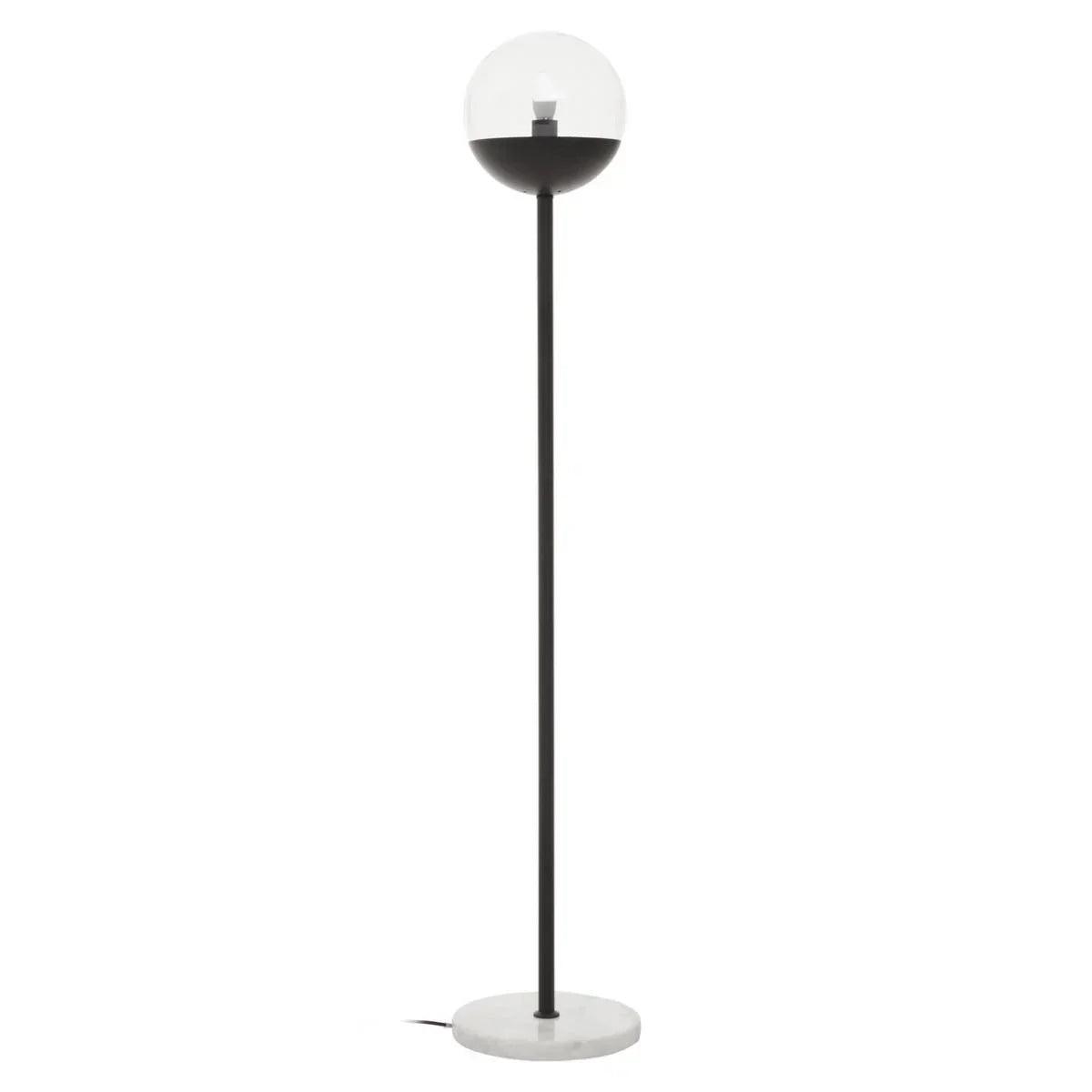 Modern black and white floor lamp with round glass shade and marble base