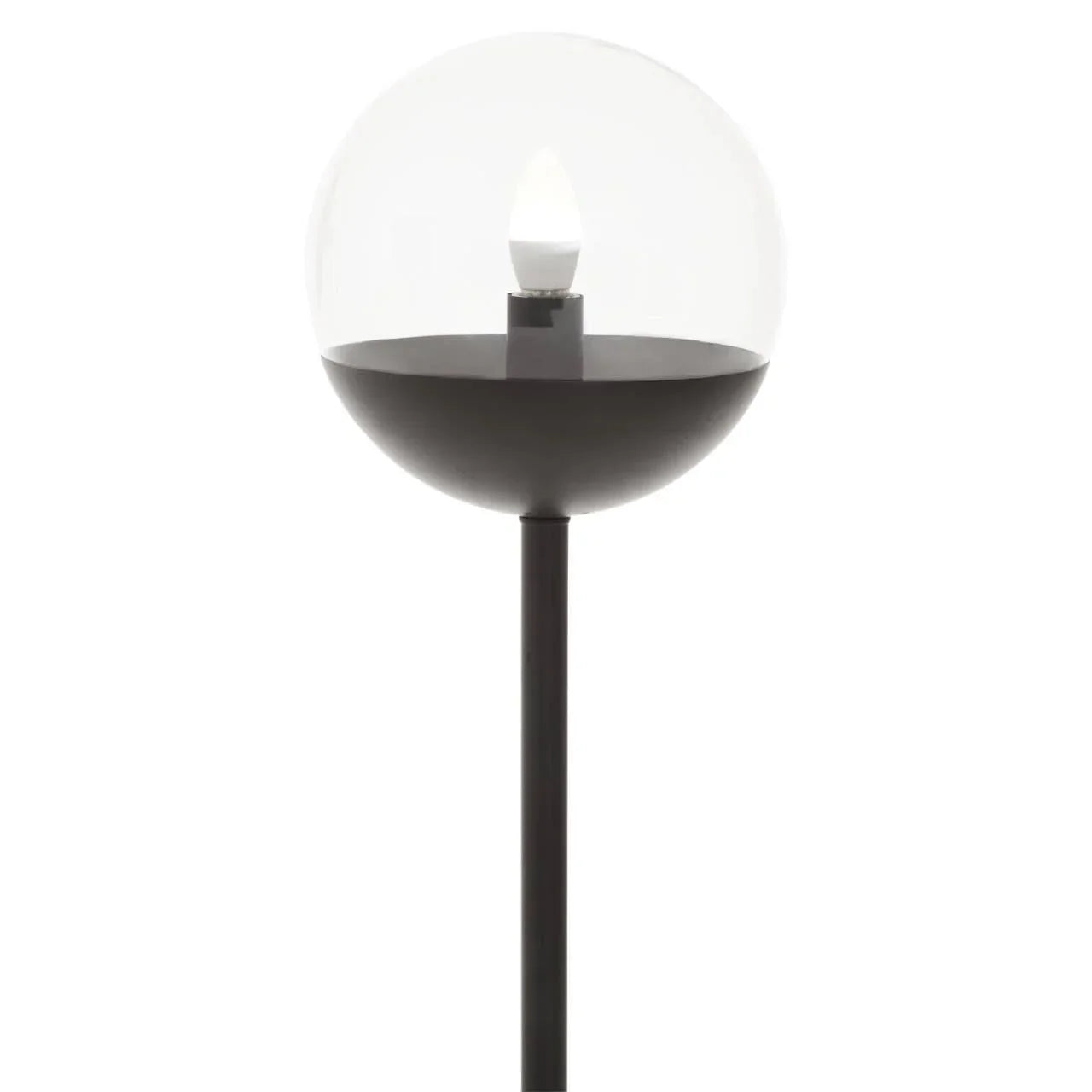 Modern black floor lamp with clear glass globe shade and exposed bulb