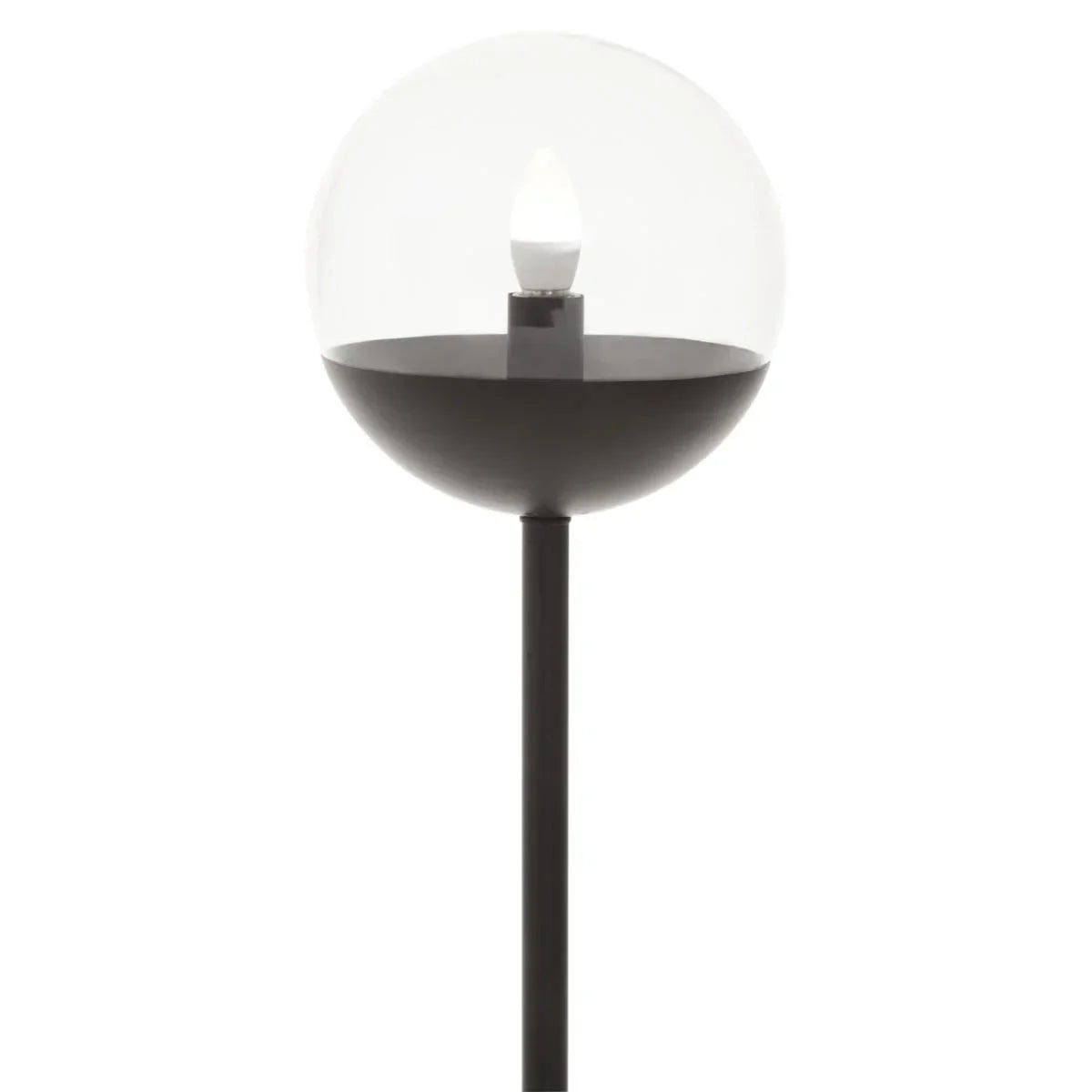 Modern black globe floor lamp with clear glass shade and single bulb