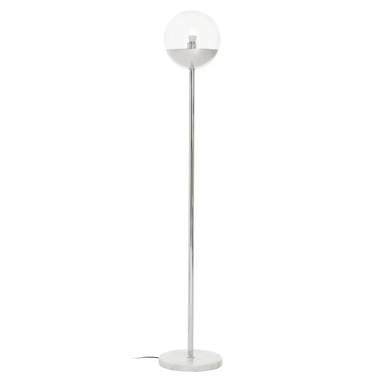Chrome floor lamp with clear glass globe shade and round marble base