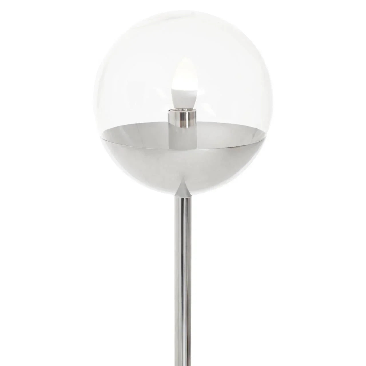 Modern floor lamp with chrome base and clear glass globe shade