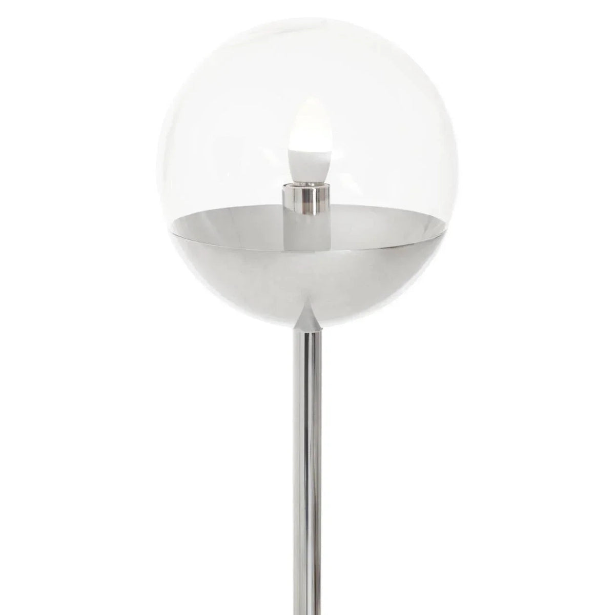 Close-up of clear glass globe shade with chrome half-dome cap and lit bulb, on chrome floor lamp