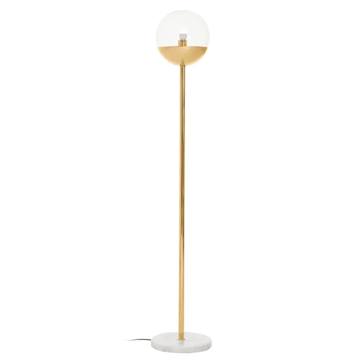 Gold floor lamp with clear glass globe shade and marble base on white background