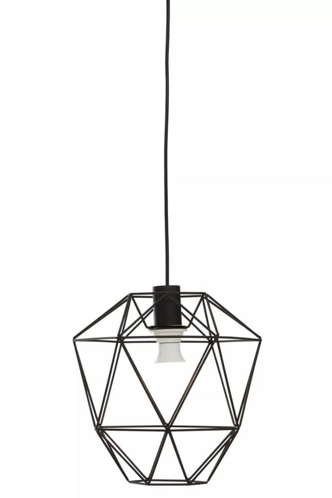 Black geometric pendant light with open metal frame and exposed bulb, hanging against white