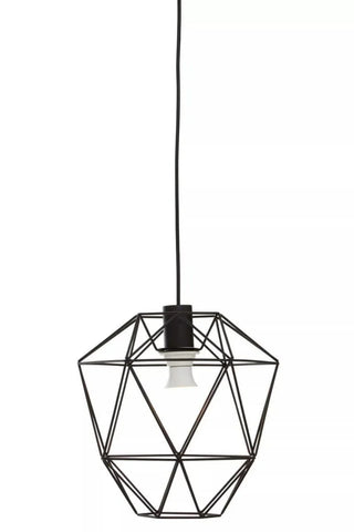 Black geometric pendant light with open metal frame and exposed bulb, hanging against white