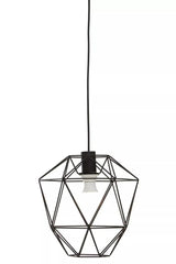 Black geometric pendant light with open metal frame and exposed bulb, hanging against white