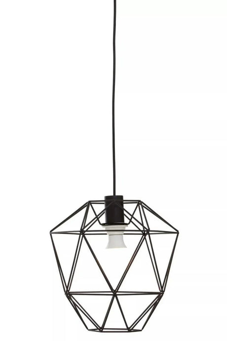 Black geometric pendant light with open metal frame and exposed bulb, hanging against white