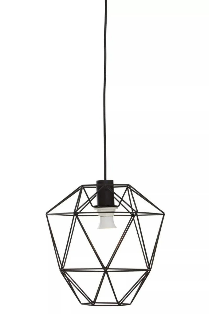 Black geometric pendant light with open metal frame and exposed bulb, hanging against white