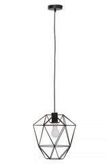 Black geometric metal pendant light with exposed bulb and ceiling mount