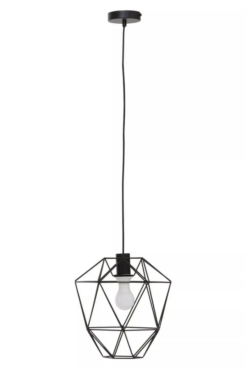 Black geometric metal pendant light with exposed bulb and ceiling mount