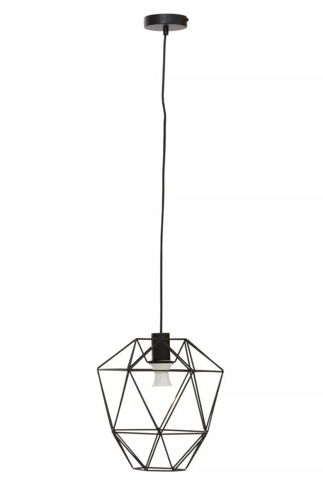 Black geometric metal pendant light with exposed bulb and ceiling mount