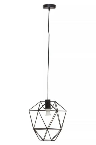 Black geometric metal pendant light with exposed bulb and ceiling mount