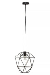 Black geometric metal pendant light with exposed bulb and ceiling mount