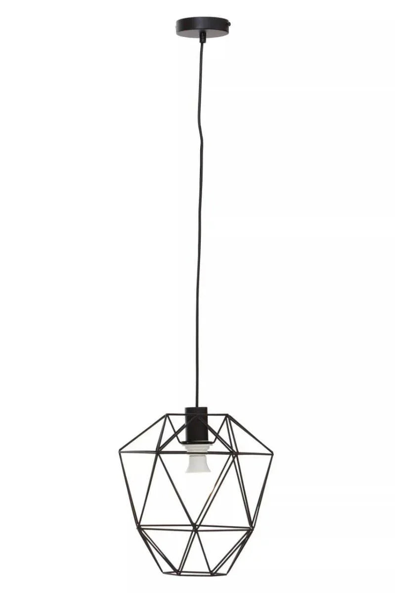 Black geometric metal pendant light with exposed bulb and ceiling mount