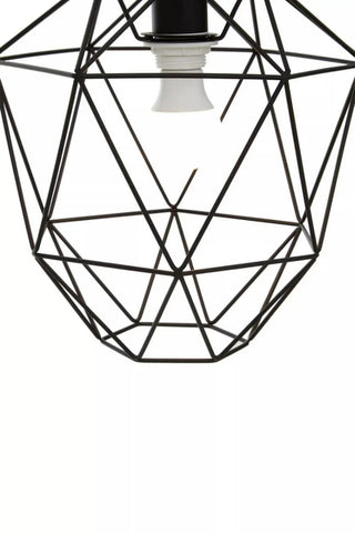 Geometric metal pendant light shade with exposed bulb, modern black wire frame design