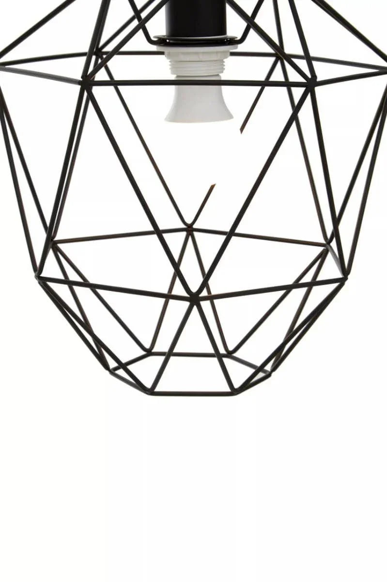 Geometric metal pendant light shade with exposed bulb, modern black wire frame design