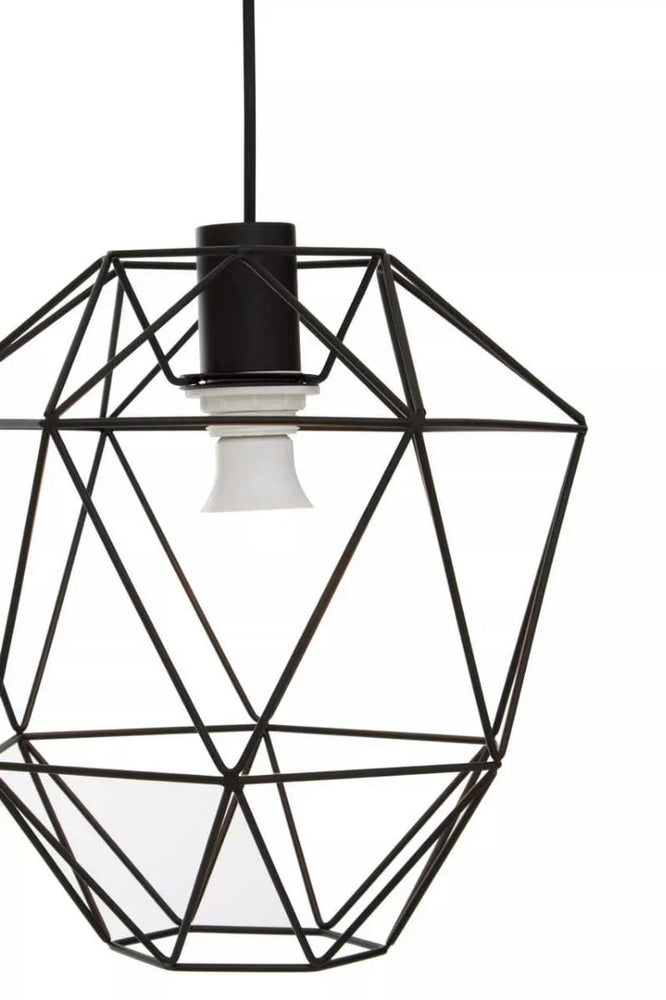 Geometric black metal pendant light with exposed bulb and angular frame design