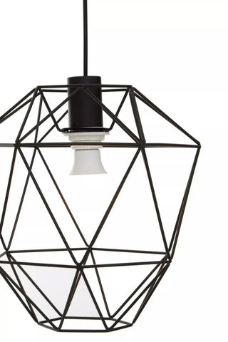 Geometric black metal pendant light with exposed bulb and angular frame design