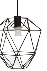 Geometric black metal pendant light with exposed bulb and angular frame design