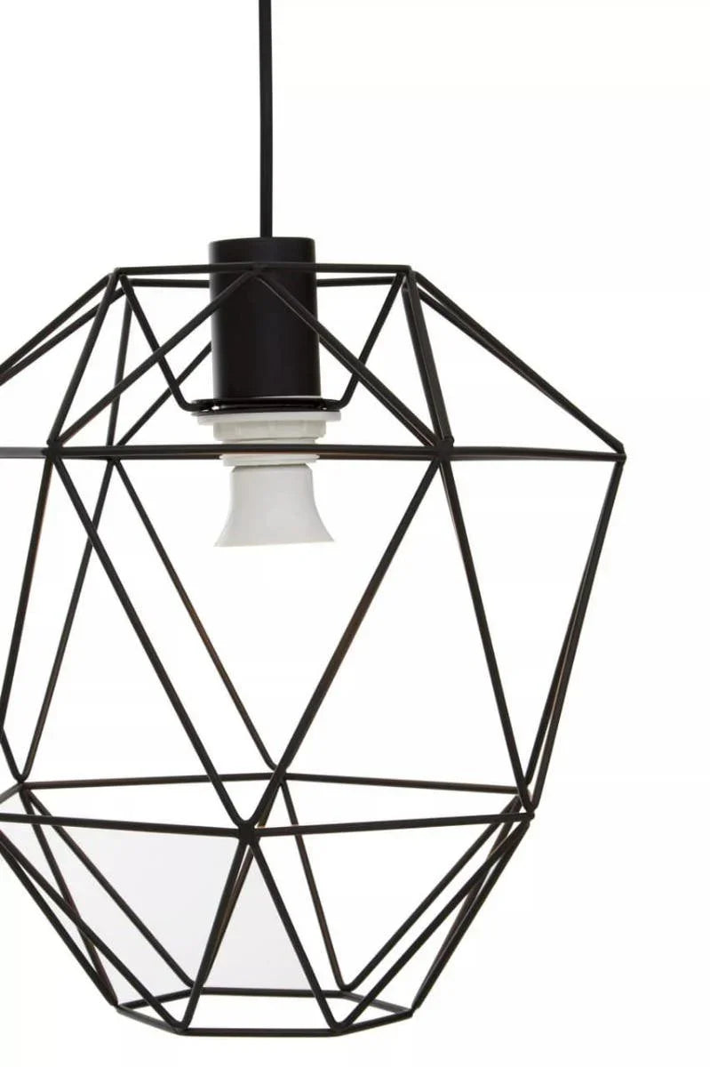 Geometric black metal pendant light with exposed bulb and angular frame design
