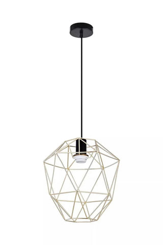 Gold geometric pendant light with black ceiling rose and exposed bulb