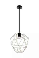 Gold geometric pendant light with black ceiling rose and exposed bulb