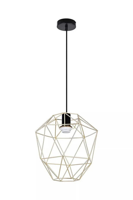 Gold geometric pendant light with black ceiling rose and exposed bulb